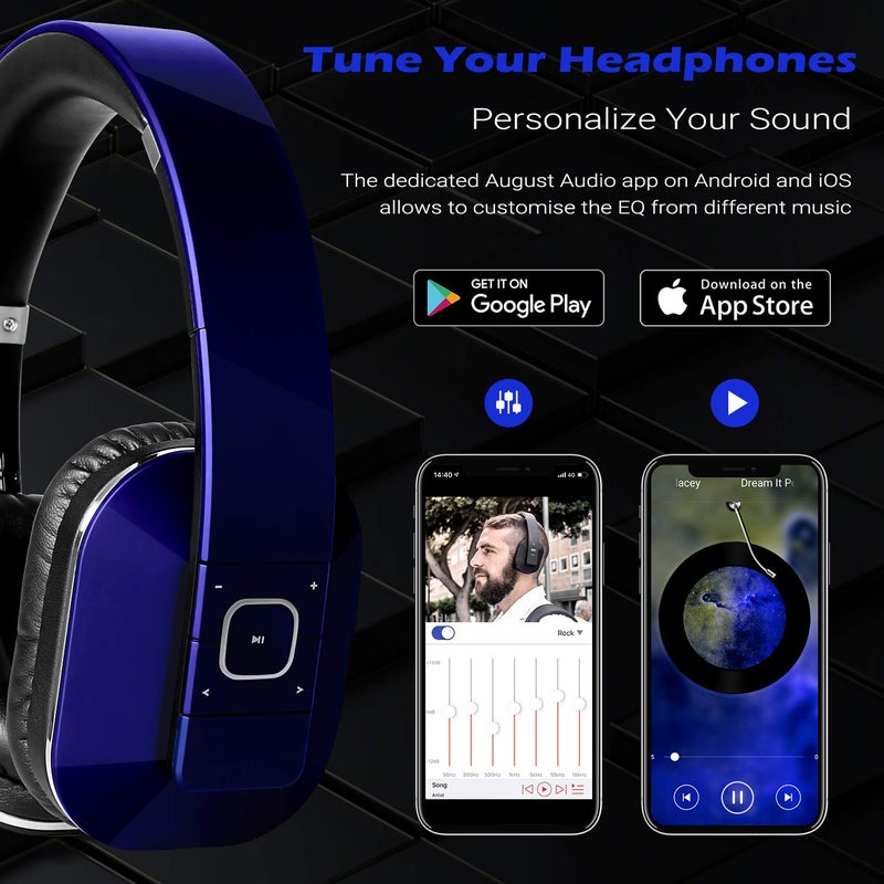 August EP650 Bluetooth Wireless Over-Ear Headphones with aptX Low Latency, NFC, Multipoint Pairing, Wired Option, Built-in Microphone - Blue - Image 3